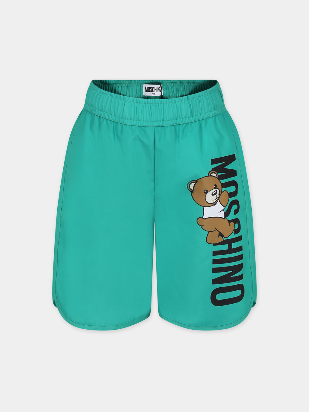 Green swim shorts for boy with Teddy Bear and logo